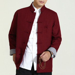2024 Autumn Chinese Style New Tang Suit Men's Long Sleeve Jacket Youth Trend Stand Collar Button Retro Cotton Linen Top Men