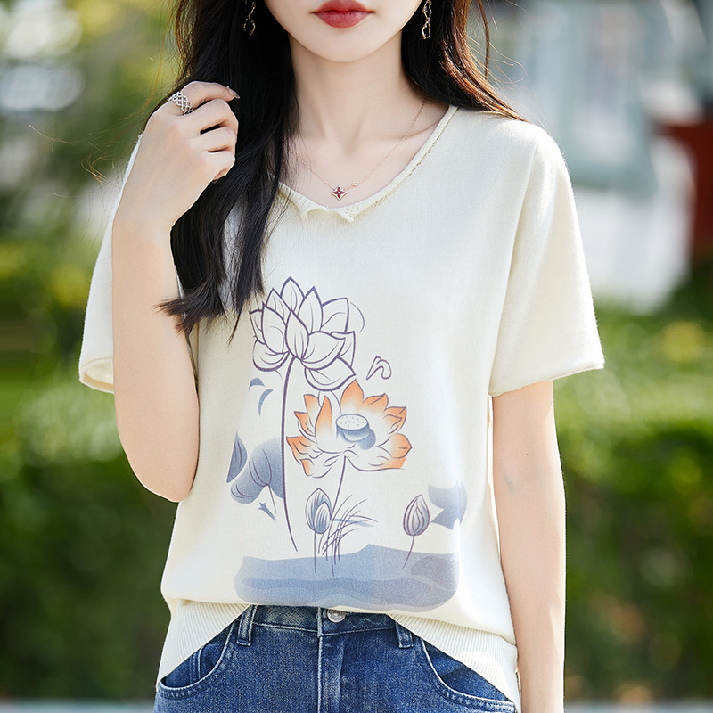 Pure Cotton V Neck Rolled Edge Knitwear Short-Sleeved T-Shirt for Women 2025 Summer New Lotus Print Loose Bottoming Shirt
