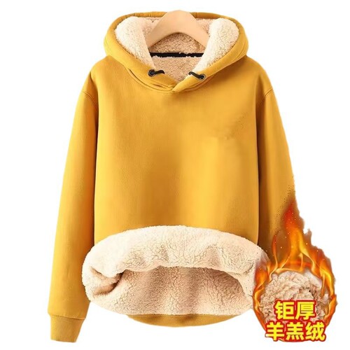 Cross-border winter thick lambskin hoodie men's pullover solid color student warm top lined men's trendy colors