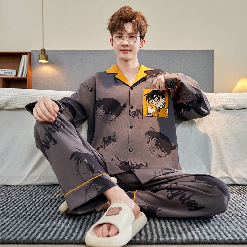 Cute Cartoon Cotton Pajamas for Men Spring & Fall Long-Sleeved Pants Cotton Teenagers Large Size 100kg Home Wear Set