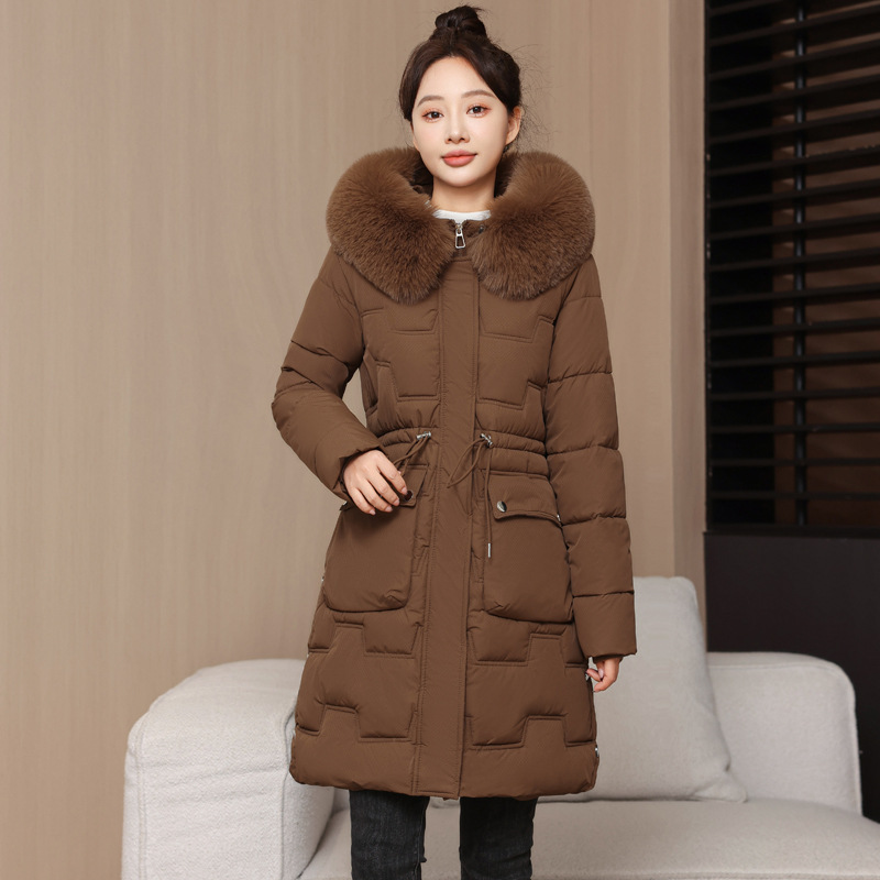 Algodón de invierno de mujer coreana chaqueta de algodón 2025 nuevo estilo coreano de cintura larga delgada chaqueta de algodón de cuello grande engrosado