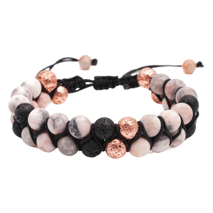 Pulsera tejida con cuentas de cebra esmerilada de dos capas de piedra volcánica transfronteriza europea y americana pulsera pareja pulsera hombres y mujeres