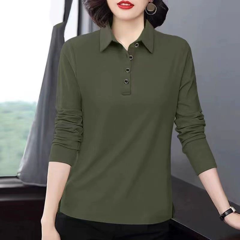 Весенне-осенняя новая модная однотонная свободная базовая рубашка с длинными рукавами и воротником-поло больших размеров для женщин среднего возраста
