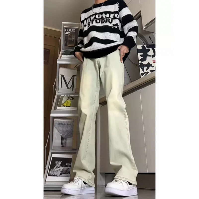 美式高街复古蓝高腰牛仔裤男款秋季vibe裤子高个子修身直筒微喇裤|undefined