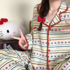 甜美ins风条纹草莓睡衣女春秋季长袖长裤开衫套装美少女家居服