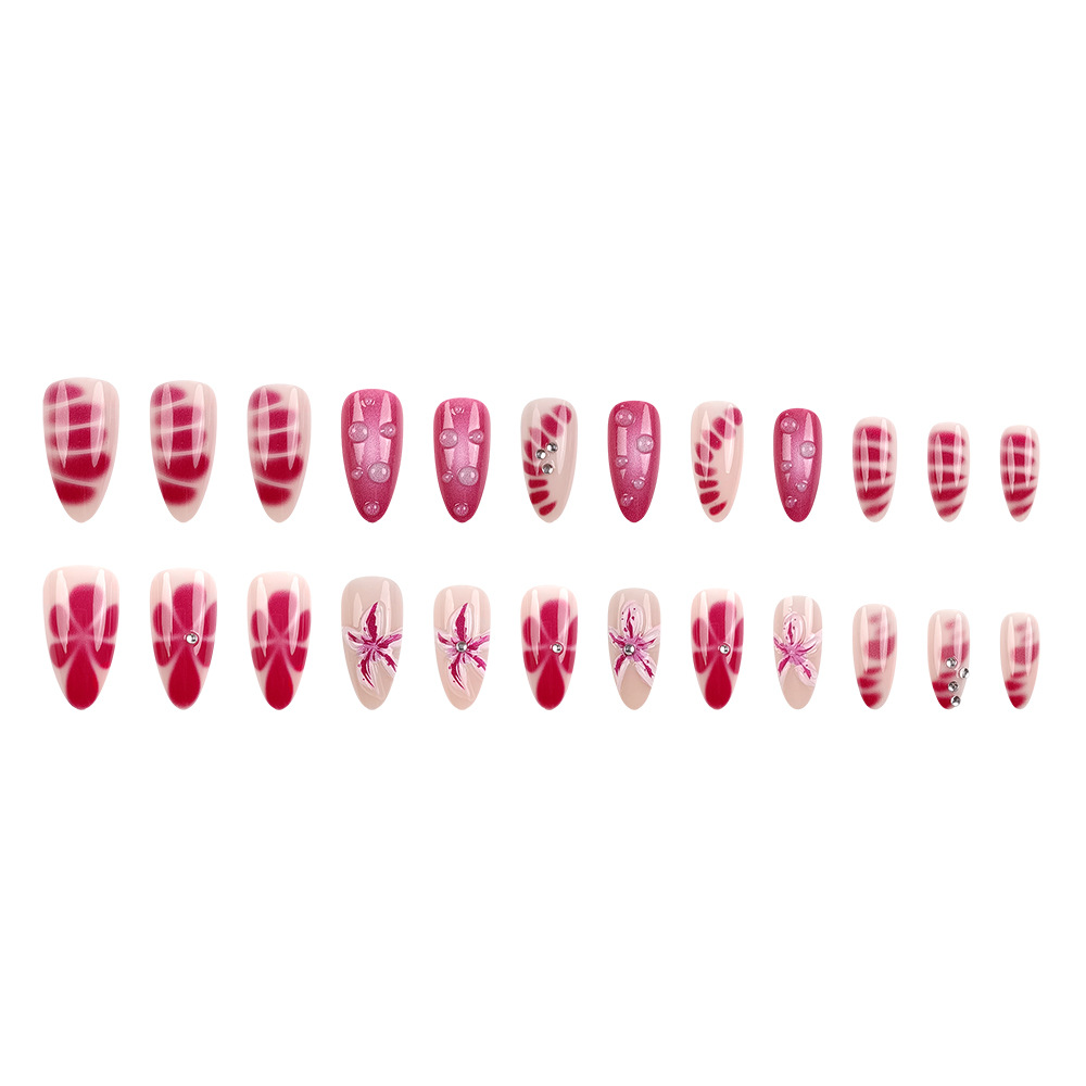 Europa y los Estados Unidos 3D relieve goteo de pegamento manicure rosa flor tridimensional perforación de uñas 24 piezas de parche de uñas