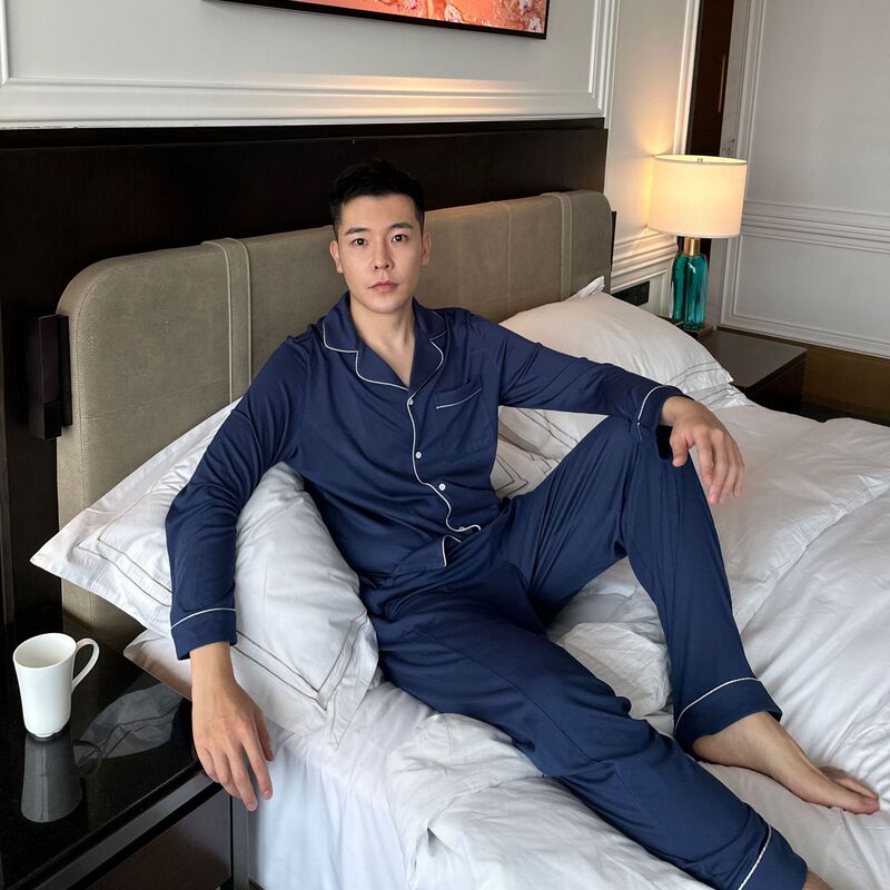 2023 New Men's Cashmere Protein Antibacterial Sleeping Pajamas Lovers Long Sleeve Trousers Comfortable Home Wear