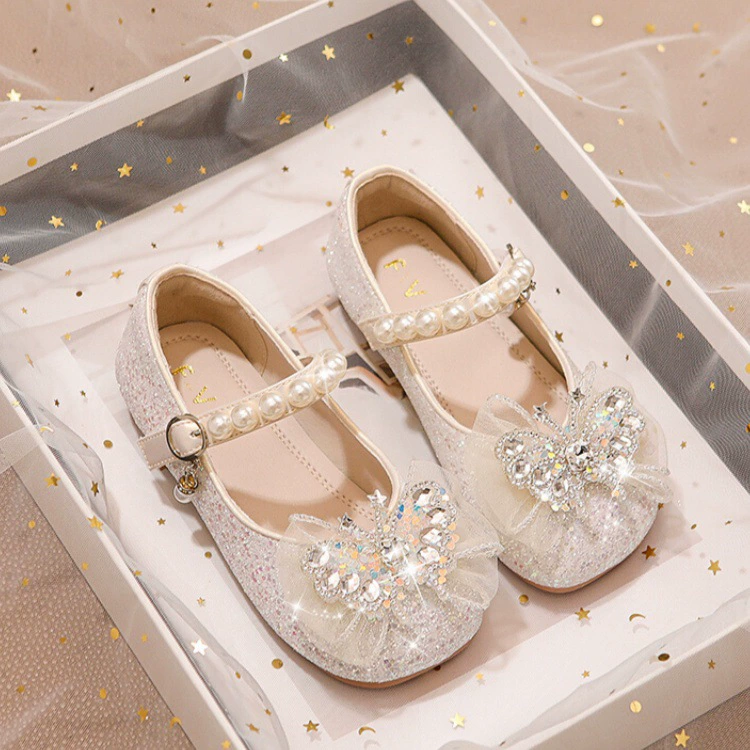 Обувь для девочек Детская принцесса хрустальная кожаная обувь 2025 новая весна осень маленькая девочка мягкая подошва блестящий кристалл