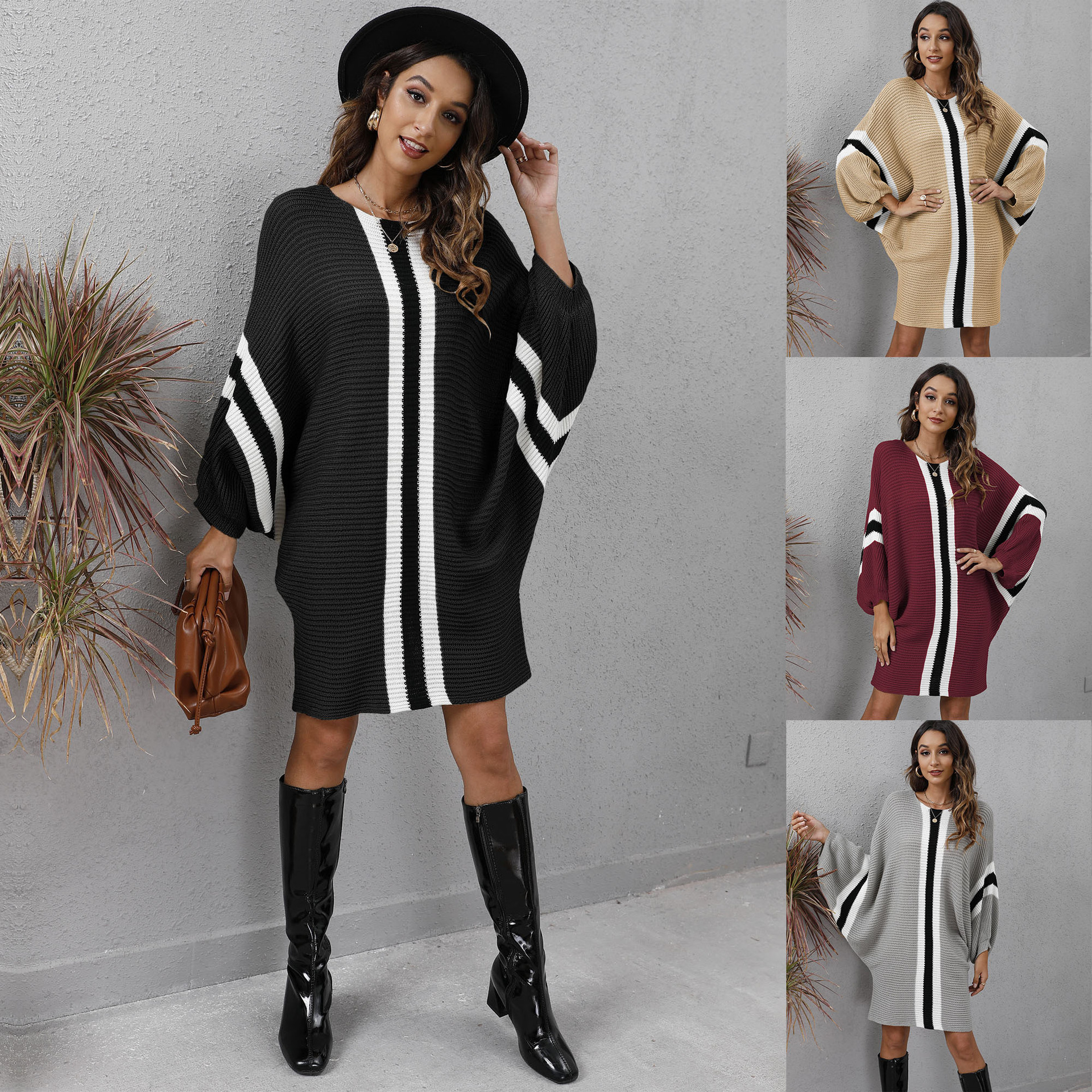 Autumn loose bat sleeve contrast stitching knitted sweater dress nihaostyles wholesale clothing NSOY91114