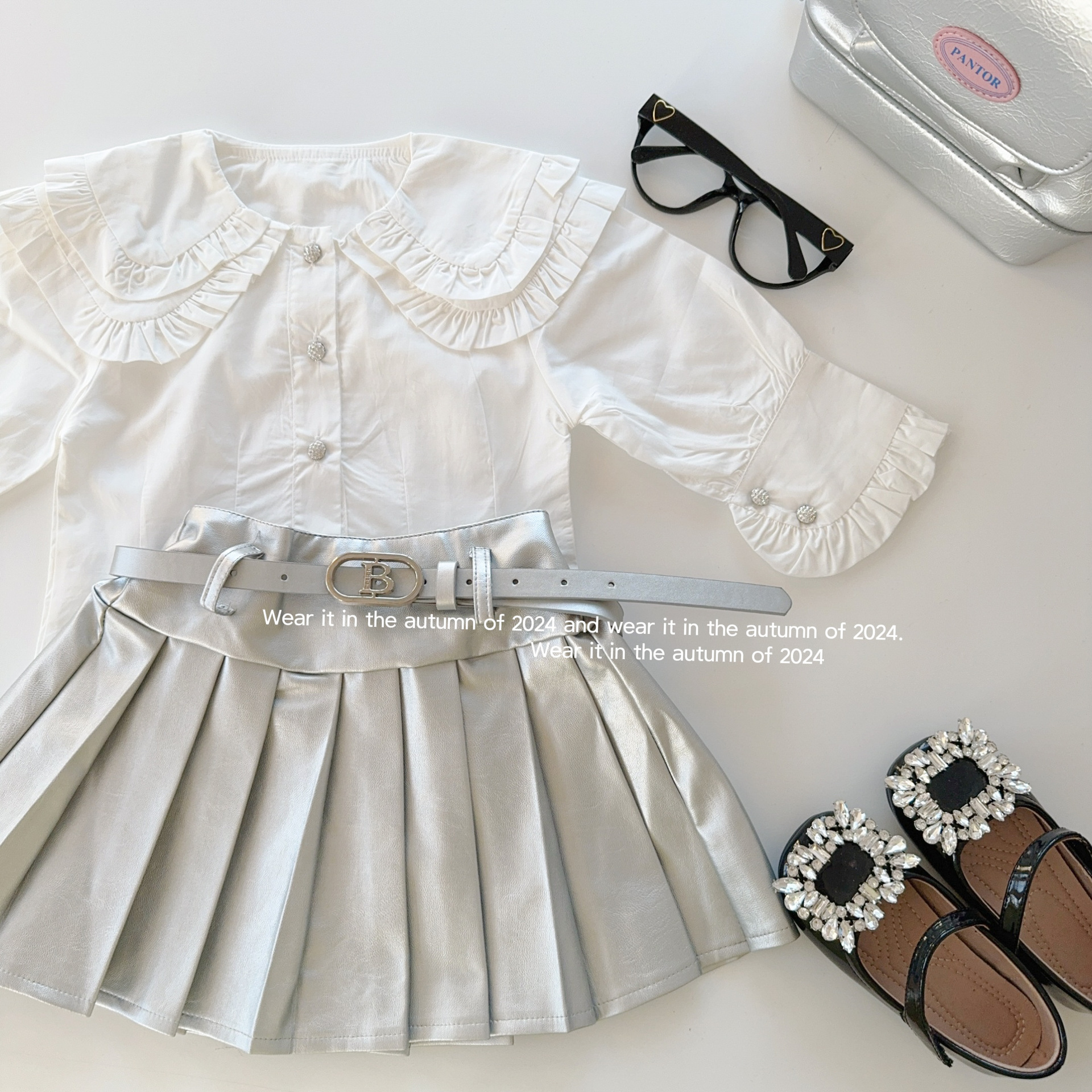 2024 소녀의 디자인 센스 레이스 옷깃 달콤한 셔츠 우아한 편안한 세척 코튼 화이트 셔츠 가죽 스커트 투피스 세트