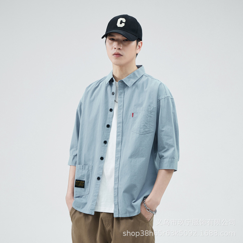 Hombre de alta calidad 100 algodón de manga corta verano delgado suelto siete puntos camisa casual camisa de trabajo chaqueta exterior