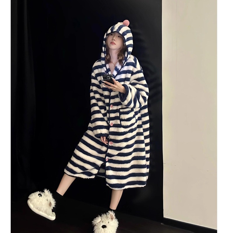 韩系条纹连帽珊瑚绒睡衣女冬季新款保暖加厚加厚毛绒睡袍家居服|undefined