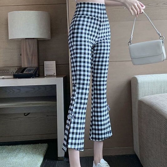 Ice Silk Plaid Cropped Pants for Women, High-Waisted, Slimming, New Summer Style, Petite, Stretchy, Casual, Split Hem, Slightly Flared Pants