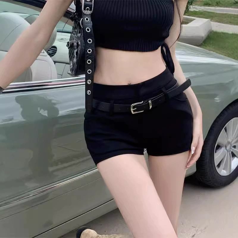 Черные шорты для отдыха, sexy штаны, высокая талия, американский стиль, свободный прямой крой