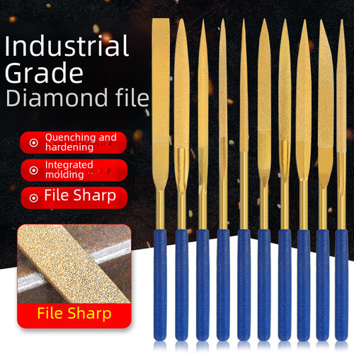 Plated Diamond Files, Titanium Diamond Abrasive Flat File with Half Round and Triangle Shapes, 10-Piece Set of Alloy Files