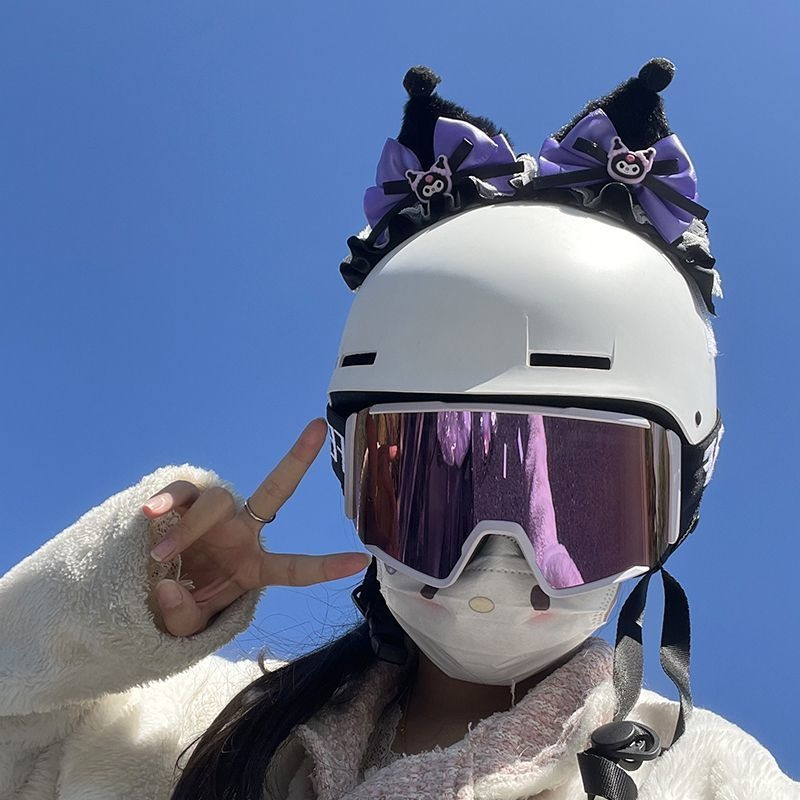 Cute Black and Purple Kuromi Headband Ski Helmet Cartoon Decoration Accessories Single Board Double Board Helmet Ears Universal