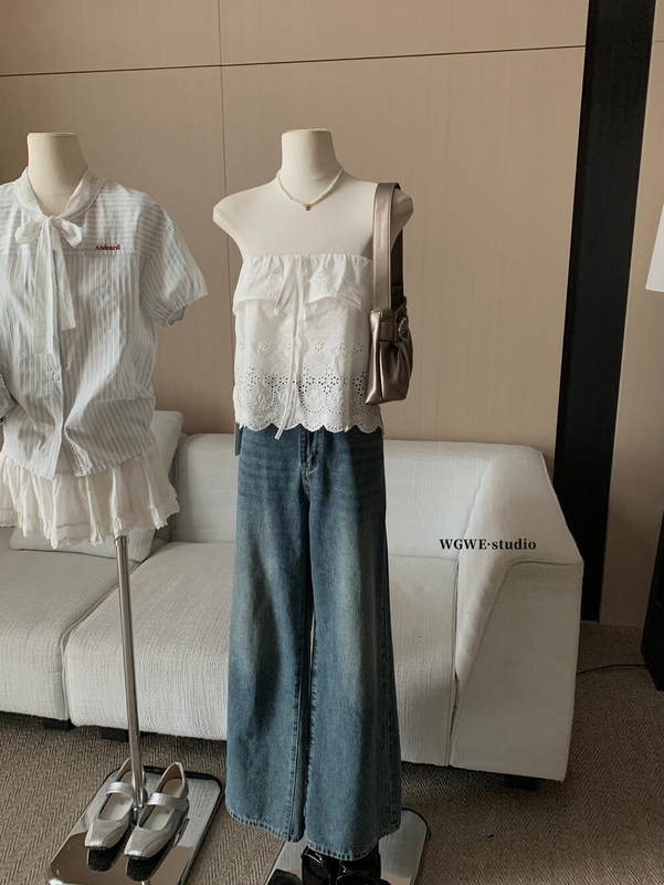 WGWE 夏の女性のフレンチピュアデザイナースタイル多用途痩身中空刺繍レースアップチューブトップ W6518|undefined