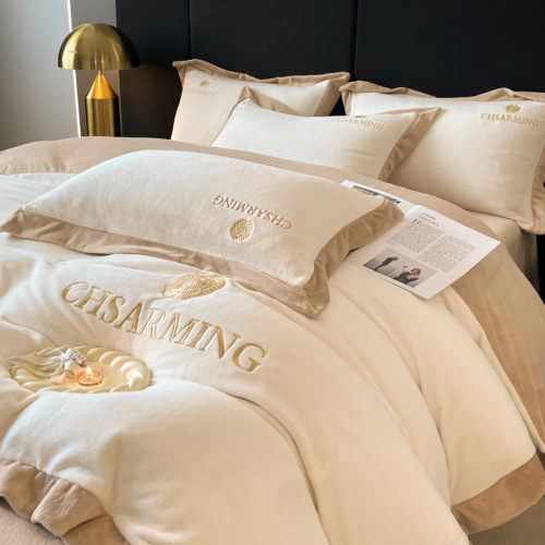 Light Luxury Embroidered Milk Velvet Bedding Set Winter Thick Coral Velvet Fleece Comforter and Sheet Set