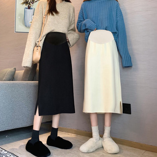 In stock new maternity knitted skirt mid-length side slit autumn and winter maternity skirt loose mid-length skirt solid color