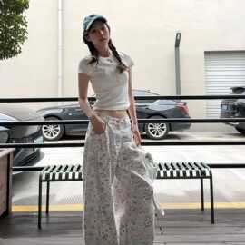 【现货+实拉链】小鱼裤女白色卡通印花直筒阔腿裤2025辣妹拖地裤