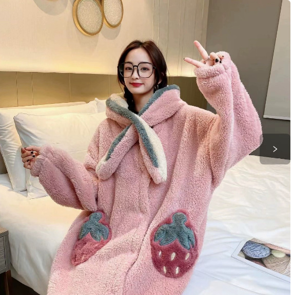 Women's Autumn and Winter Cute Embroidered Strawberry Velvet Thickened Nightgown Set Can Be Worn Outside Hooded Home Clothes