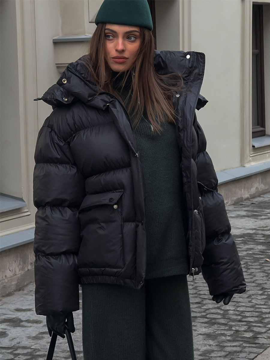 Europa y los Estados Unidos de invierno de 2025 nuevo algodón de bolsillo cuadrado abrigo de algodón con capuchón caliente para mujeres