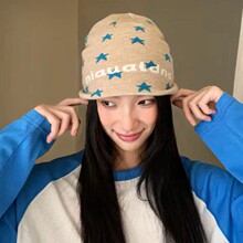 字母星星针织帽女秋冬季美式复古显脸小毛线帽大头围保暖护耳帽子