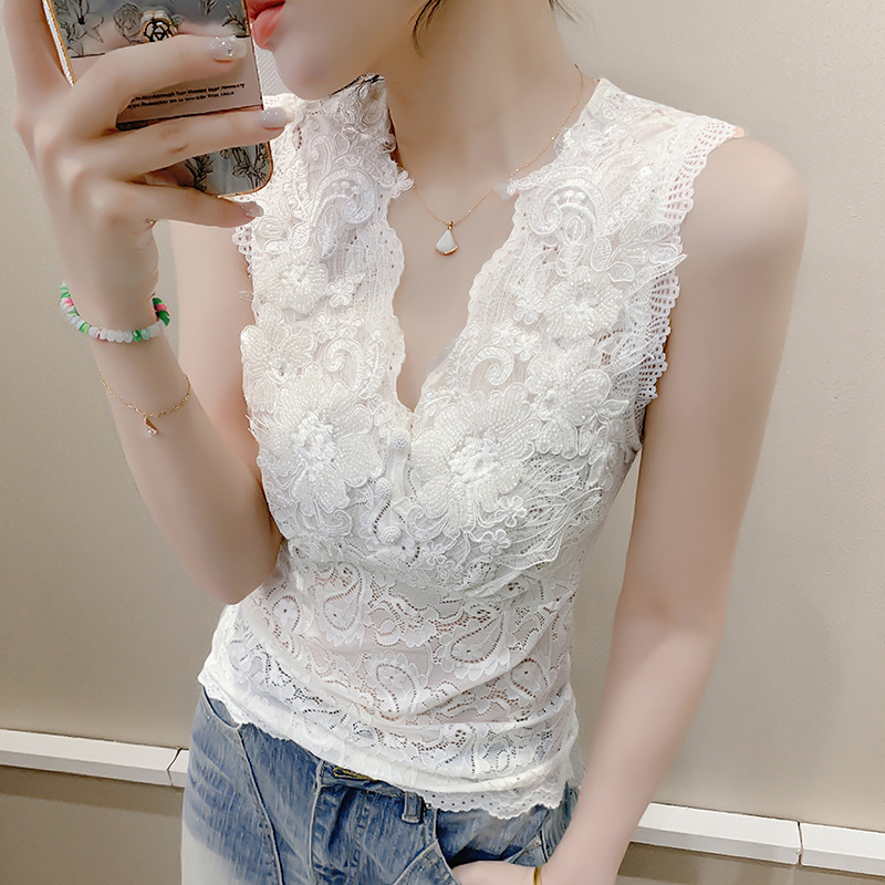 工厂直销V领蕾丝背心女2025春夏新款重工钉珠打底衫无袖内搭上衣