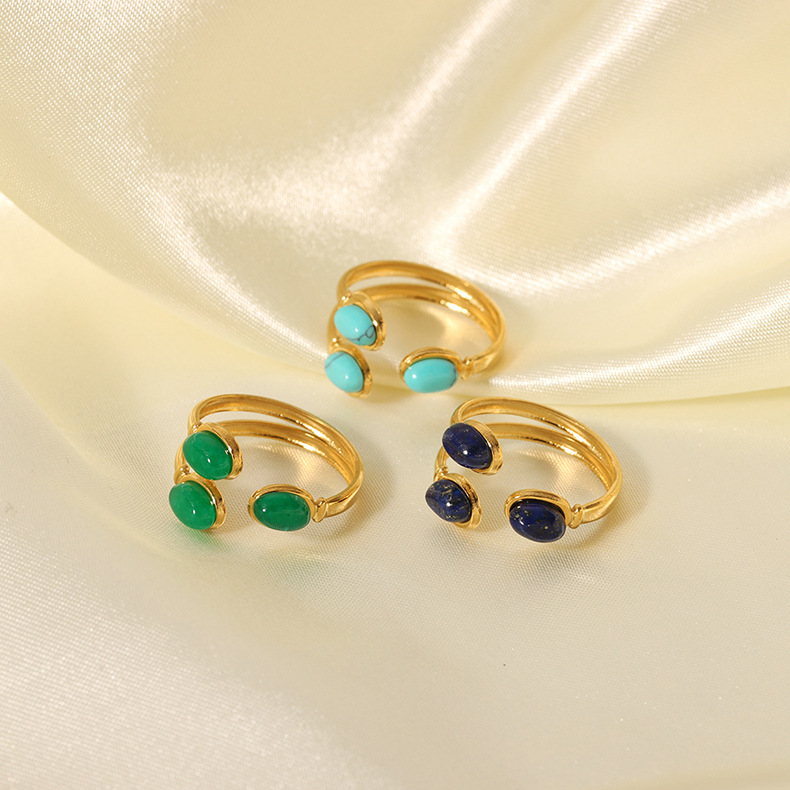304 Stainless Steel 18K Gold Plated Retro Irregular Plating Inlay Water Droplets Turquoise Open Rings display picture 1