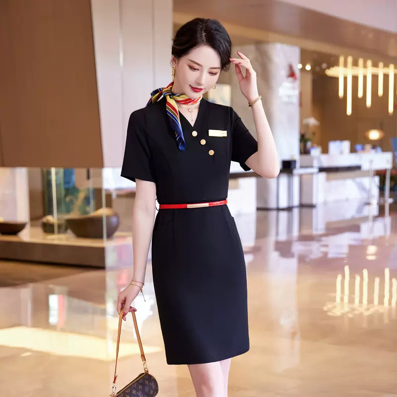 酒店珠宝店美容院工作服连衣裙女士韩版时尚V领连衣裙中长款正装