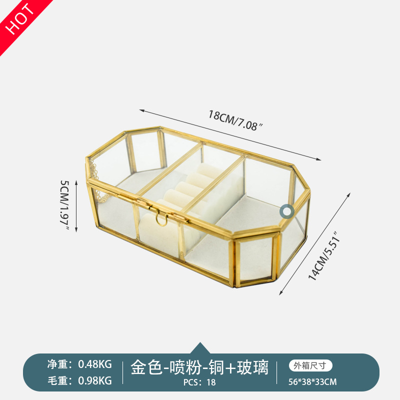 Caja de almacenamiento de joyas de vidrio con borde de cobre dorado hexagonal simple y exquisito, caja de regalo, caja de almacenamiento para el hogar, caja de almacenamiento de perlas