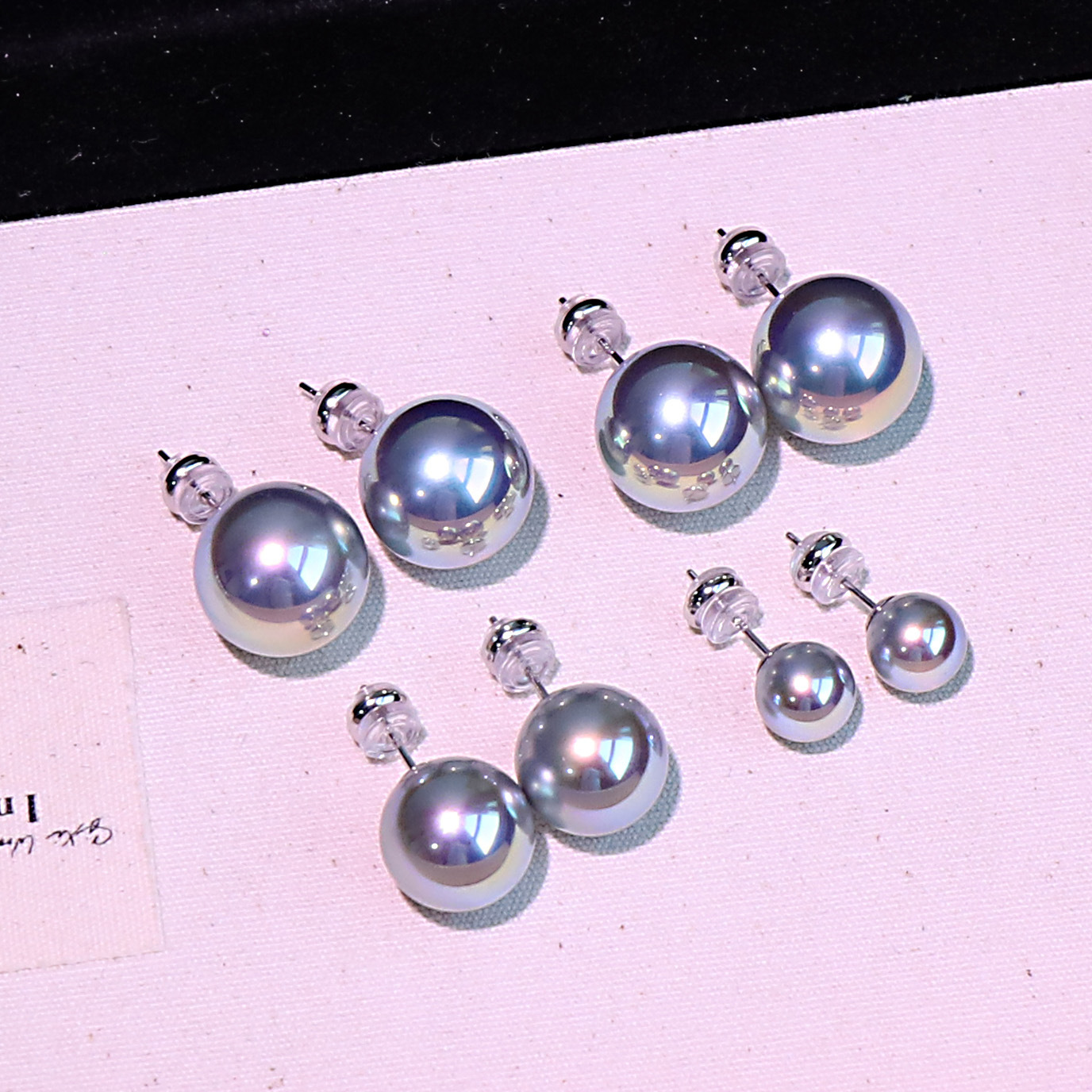 S999银珍珠耳钉女新款极光仿Akoya蓝玫瑰银灰蓝大溪地真多麻耳钉