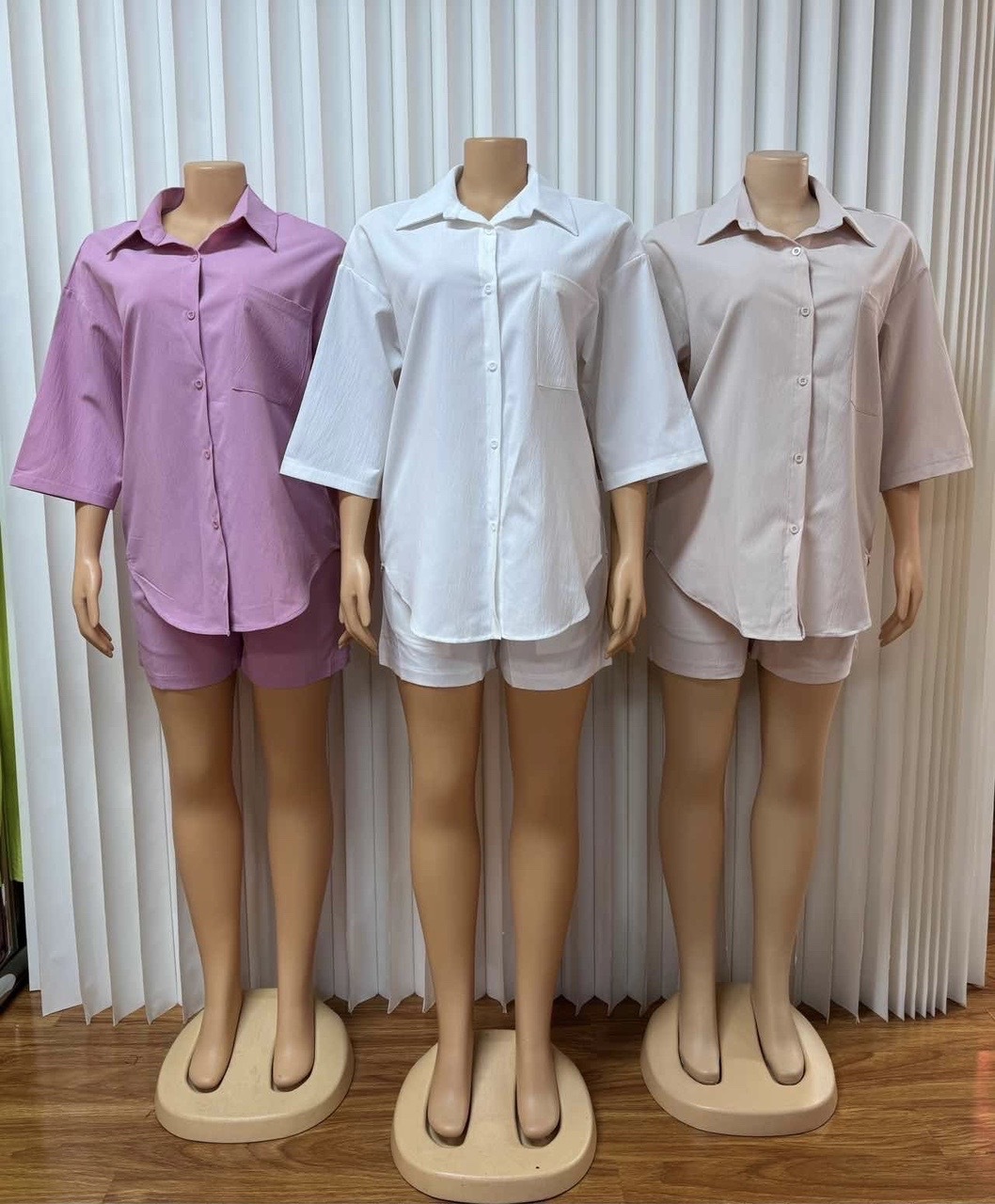 Women's Multi Color Collared Loose Fitting Shirt And Shorts Set Casual Solid Color Everyday Commuter Fashion_ecoleips.com