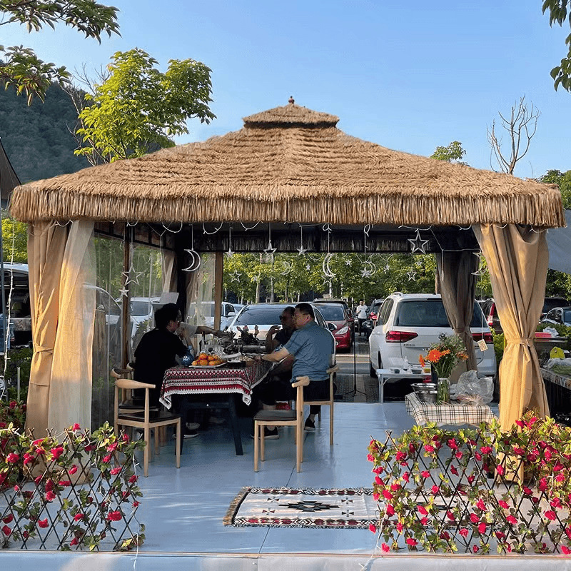 庭院户外遮阳棚室外帐篷抗风铝合金雨棚摆摊棚露台休闲茅草屋