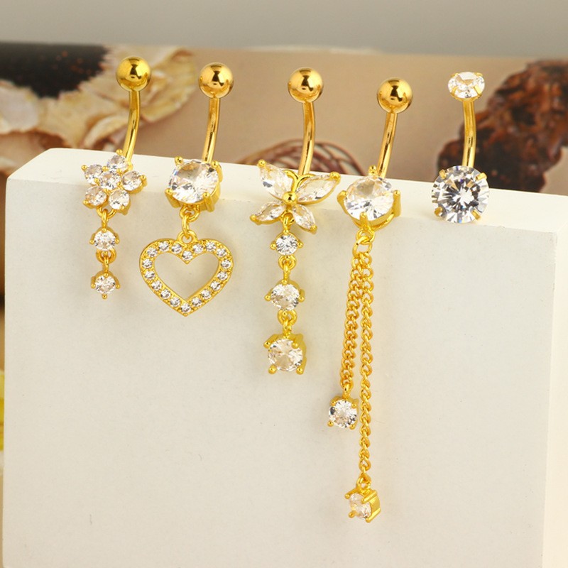 Heart-Shaped Navel Ring Zircon Belly Button Ring 5-Piece Set Body Piercing Jewelry detail image 8