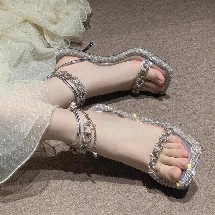 2026 Spring/Summer New French Style Rhinestone Starry Sky Stiletto High Heels, Stunning and Elegant Open-Toe Strap Square-Toe Sandals