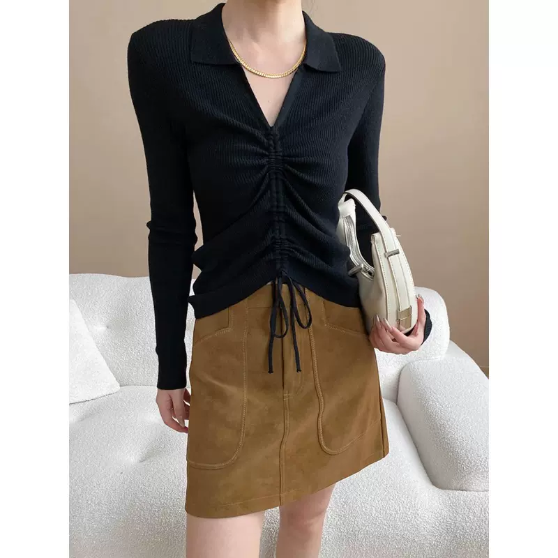 司南 早秋新款 高级感POLO翻领褶皱抽绳修身显瘦针织衫 SN7870