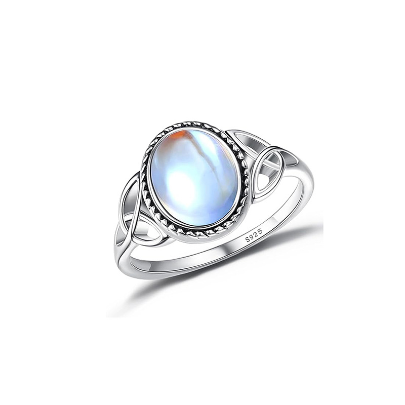 Estilo caliente europeo y americano S925 plata esterlina ovalada anillo de piedra lunar femenino de lujo ligero temperamento de nicho de moda exquisito anillo de dedo de comida