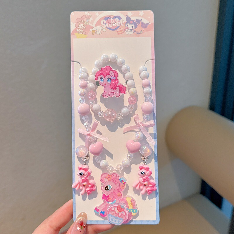 韩版甜美流行儿童首饰串珠项链手链耳夹5件套儿童项链手链套装|undefined