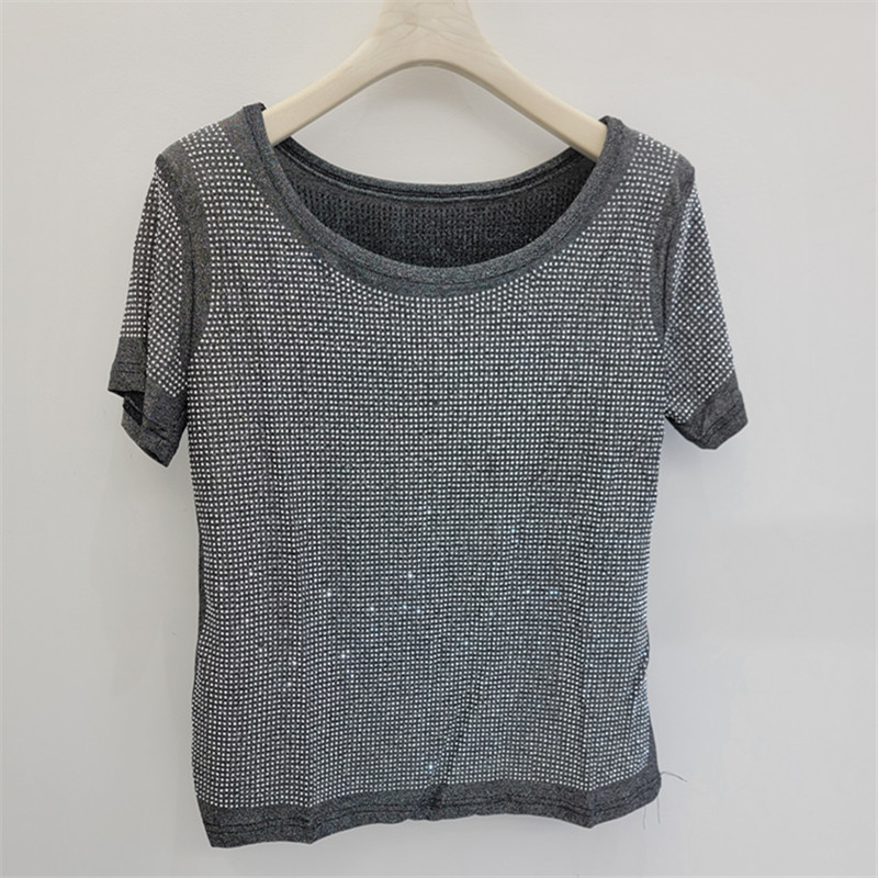 2026 verano lleno de diamantes brillante camiseta de base de mangas cortas de alta elasticidad camiseta de moda delgada ropa de mujer image 2