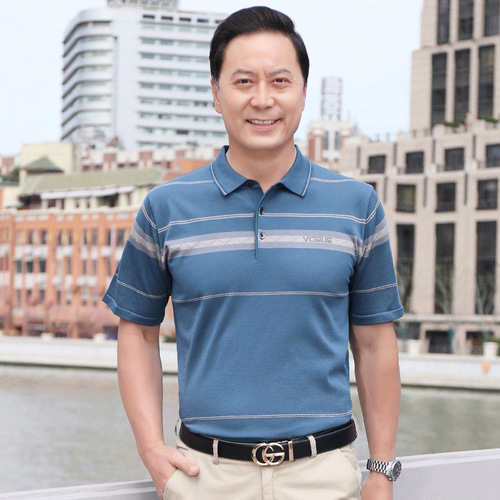 Dad's Summer Short Sleeve Collar T-Shirt for Men, Middle-Aged Gentleman, Ice Silk Half Sleeve, Outfit for Elderly Men, Grandfather's Upper Clothing