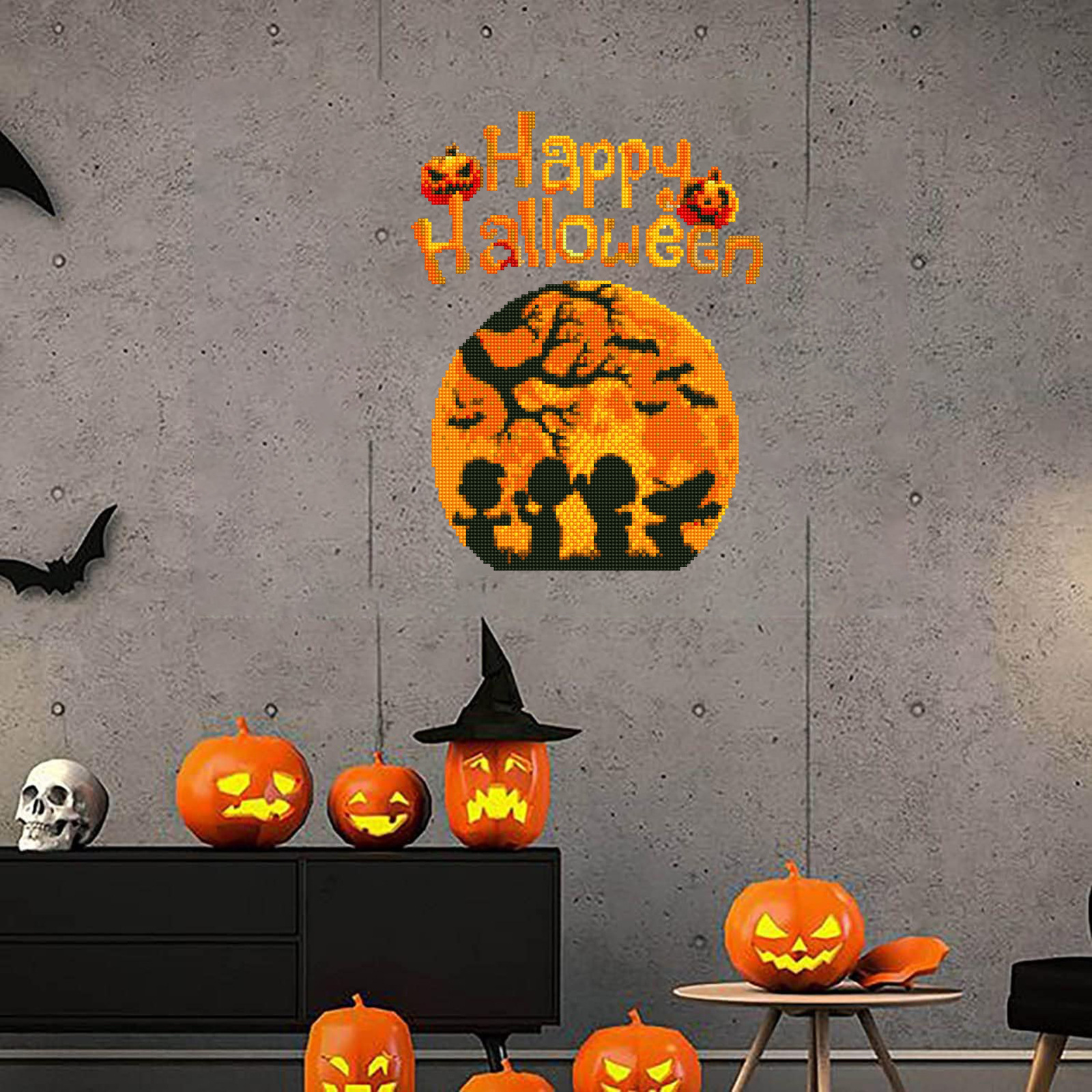 Halloween calabaza luna pintura de diamantes pegatinas al azar pintura de mampostería de bricolaje pegatinas de pared pegatinas hechas a mano dibujos animados diamante redondo venta caliente