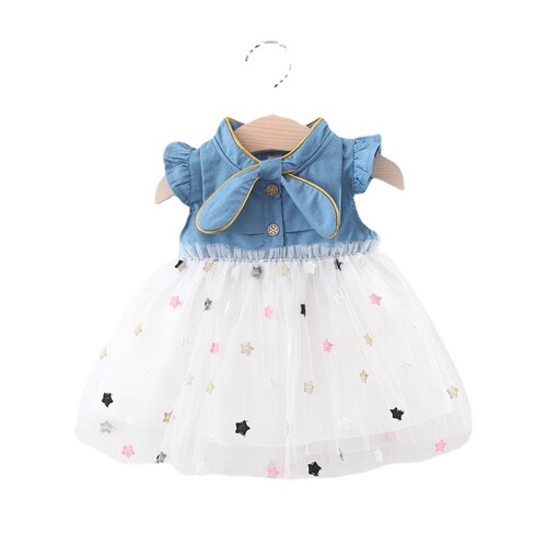 Korean-style denim skirt for girls, summer children's ruffled mesh dress—stylish, trendy princess-style skirt available for direct shipping.