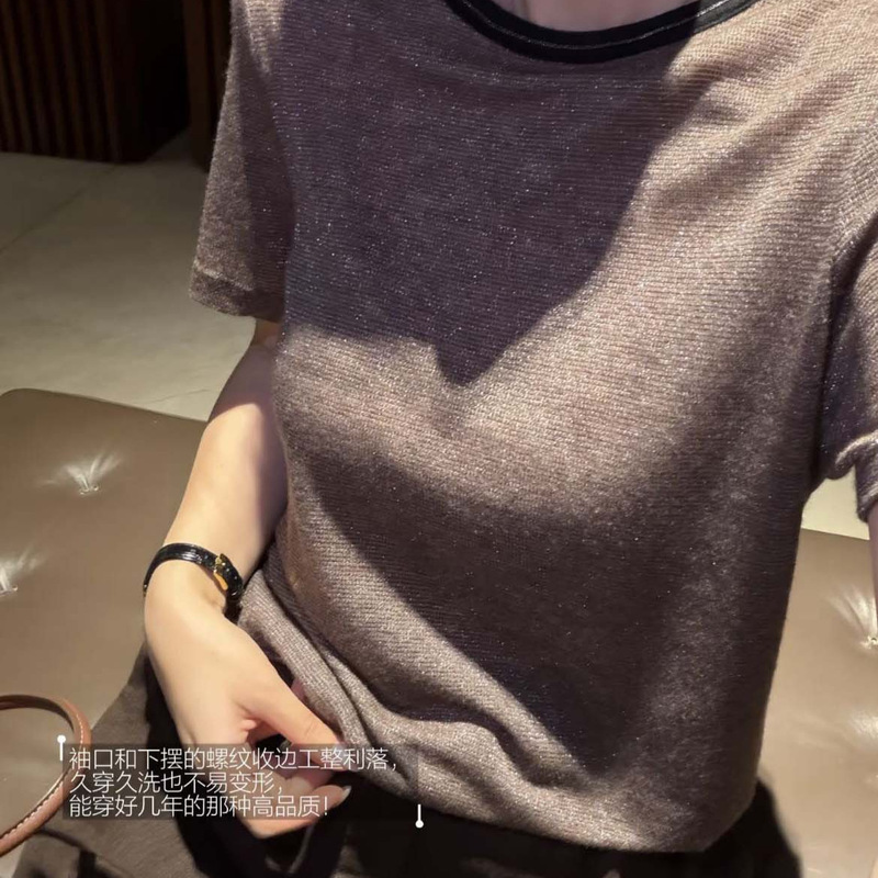 Expensive material! BC hand-beaded round-neck short-sleeve shirt! Merino silver thread wool top for women, summer Expensive material! BC hand-beaded round-neck short-sleeve shirt! Merino silver thread wool top for women, summer