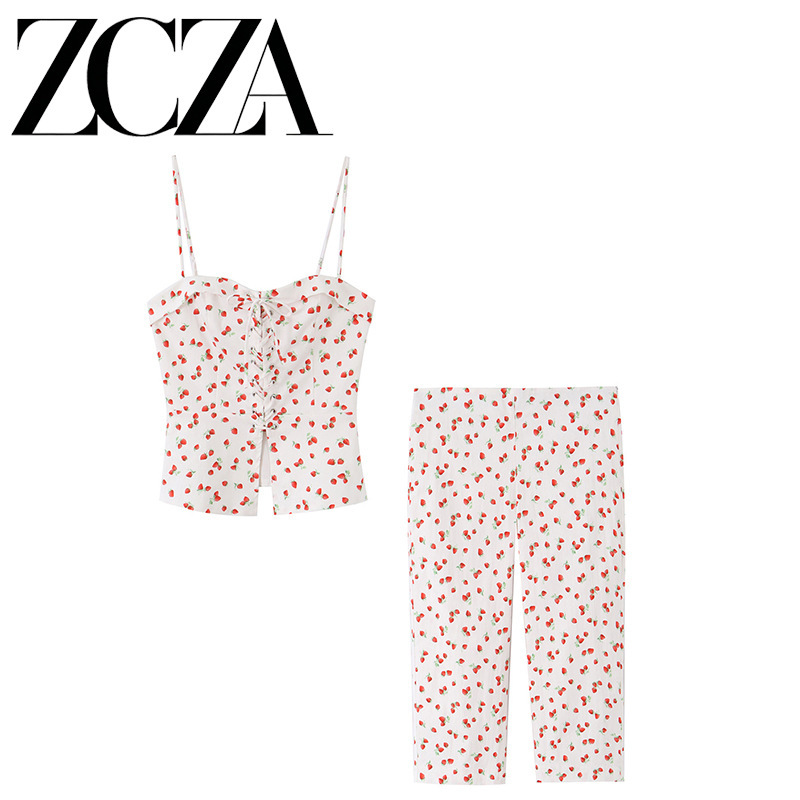ZCZA self-designed European and American style new women's fashion outfit: strawberry print corset-style top + capri pants ZCZA self-designed European and American style new women's fashion outfit: strawberry print corset-style top + capri pants