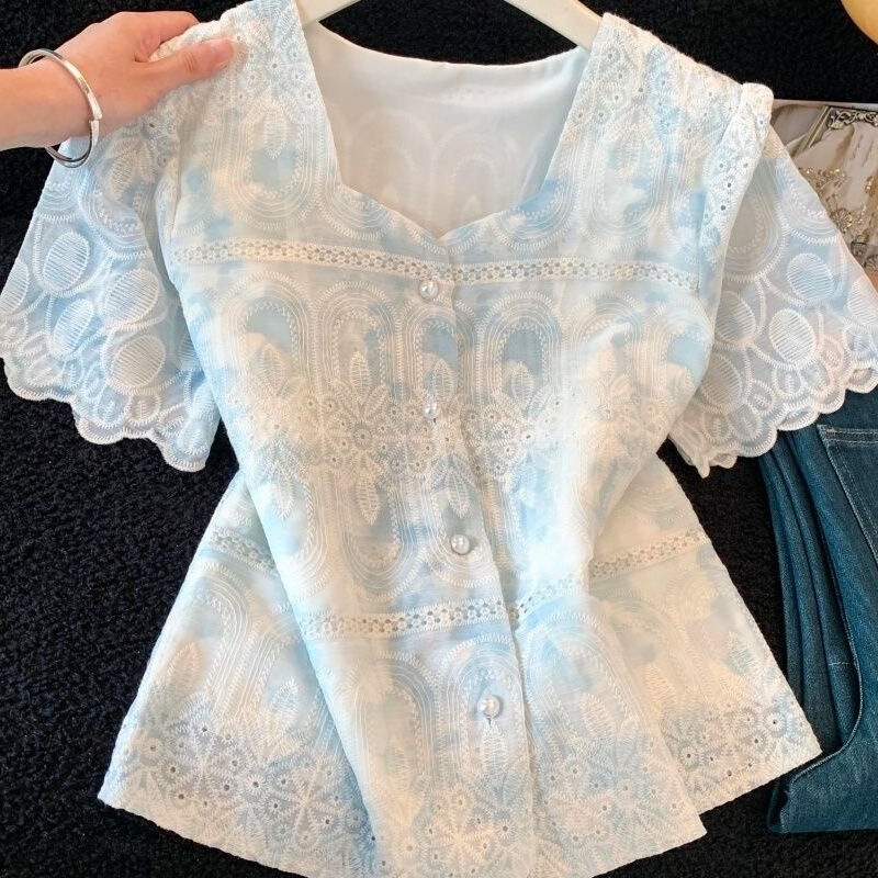 Heavy Embroidery Lace-Trimmed Short-Sleeve Chiffon Shirt for Women, 2026 Summer New Style, Elegant and Age-Reducing Versatile Short Top Heavy Embroidery Lace-Trimmed Short-Sleeve Chiffon Shirt for Women, 2026 Summer New Style, Elegant and Age-Reducing Versatile Short Top