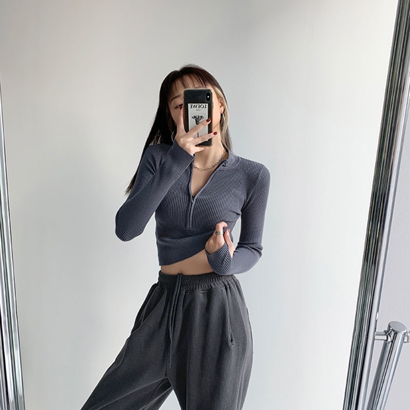 Half turtleneck zipper pit sweater autumn and winter sweater long sleeve pullover short bottoming shirt slim fit top for women