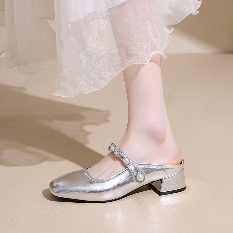Zapatos de mujer hechos a mano de todo fósforo temperamento puntera plateada con falda verano elegante cabeza cuadrada con muller medio arrastre mujer