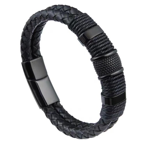 Cross-border European and American titanium steel bracelet for couples men's double-layer leather braided stainless steel magnetic buckle punk bracelet