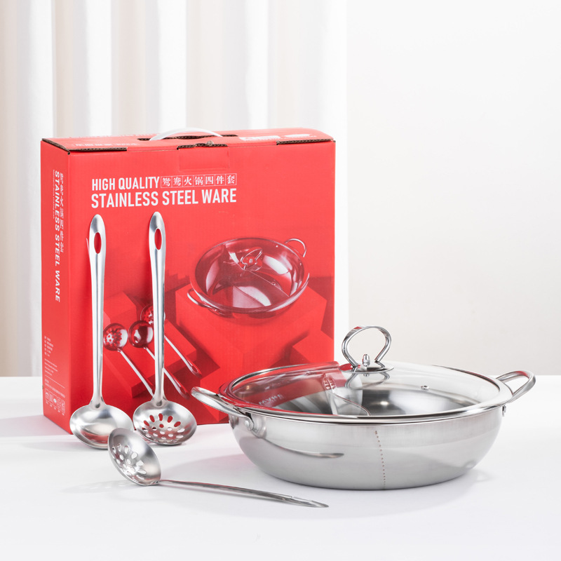 Thickened stainless steel mandarin duck hot pot set induction cooker two-flavor hot pot pot shabu-shabu pot with spoon business gift pot